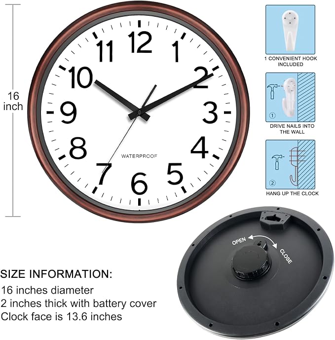 Caysie 16 Inch Sealed Large Outdoor Clock Waterproof, Silent Battery Operated Weatherproof Wall Clocks for Pool Patio Outside Home (Bronze)