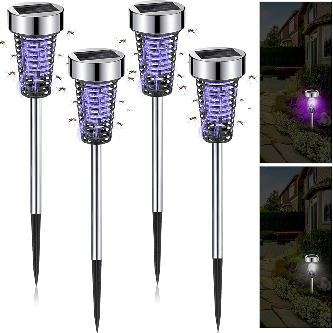 Qualirey 4 Pack Solar Bug Zapper Outdoor Waterproof Mosquito Repellent Killer Bug Zapper Lamp with LED Light for Outdoor Garden Patio Yard (Purple Light,Silver)