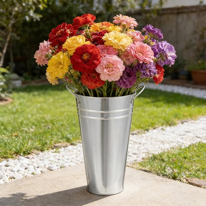 Flower Bucket for Flower Bar, 6 Pcs 10.2 Inch Metal Vases with Handles, Leak-Proof Galvanized French Buckets for Wedding Centerpieces, Farmhouse Party & Rustic Home Decor