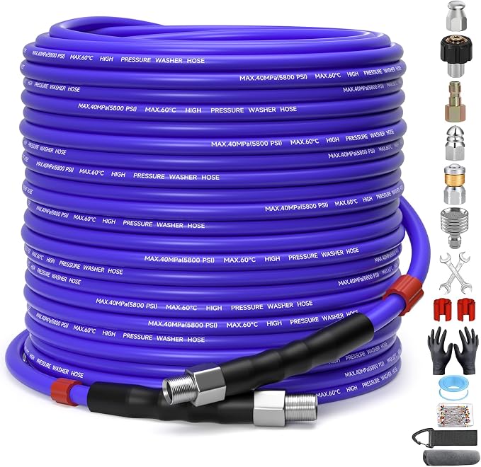 150FT Sewer Jetter Kit for Pressure Washer 1/4" NPT Drain Cleaner Hose 5800PSI Corner Rotating and Button Hose Sewer Jetting Nozzle Pearl Corsage Pin Tape Handle Strap Spanner