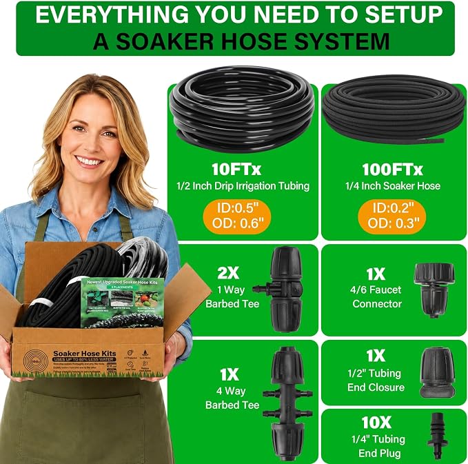 MIXC Drip Irrigation System with 100FT 1/4" Soaker Hose - 80% Water Savings, Weeping Tech for Deeper Root Watering, Garden Kit with 10FT 1/2" Tubing for Raised Beds, Vegetables, Lawn, Greenhouse