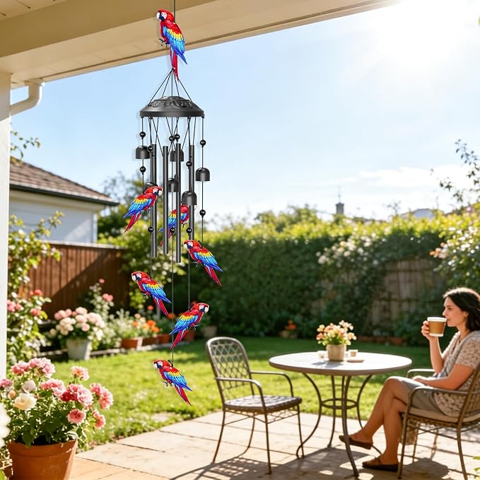 35" Wind Chimes for Outside, Hand-Tuned Aluminum Windchimes with 6 Bells & Parrot Decor, Rustproof Metal Chimes for Garden Patio Porch, Sympathy Memorial Gift for Mom Women(Parrot)