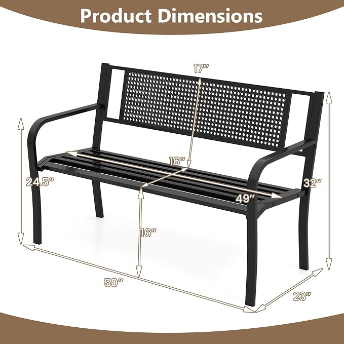 Tangkula Metal Patio Park Bench, 50 Inches Outdoor Garden Bench with Patterned Backrest and Curved Armrests, 2-3-Person Patio Bench, Outdoor Metal Loveseat Chair for Porch, Lawn, Park
