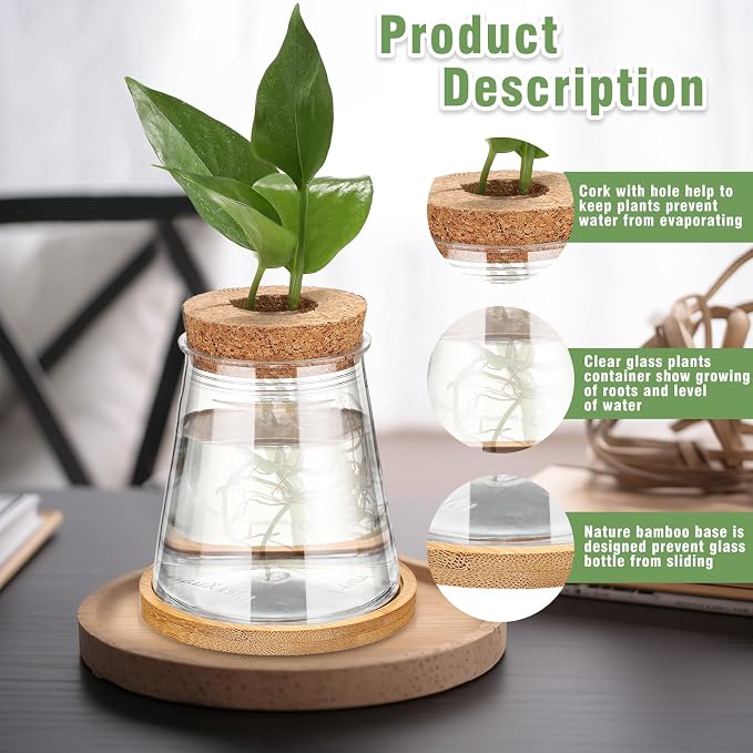 Baderke 12 Packs Propagation Vases for Plants Plastic Plant Propagation with Hole Lid and Bamboo Stand Growing in Water Hydroponic Home Office Desktop Vase Decoration (Cute Style)