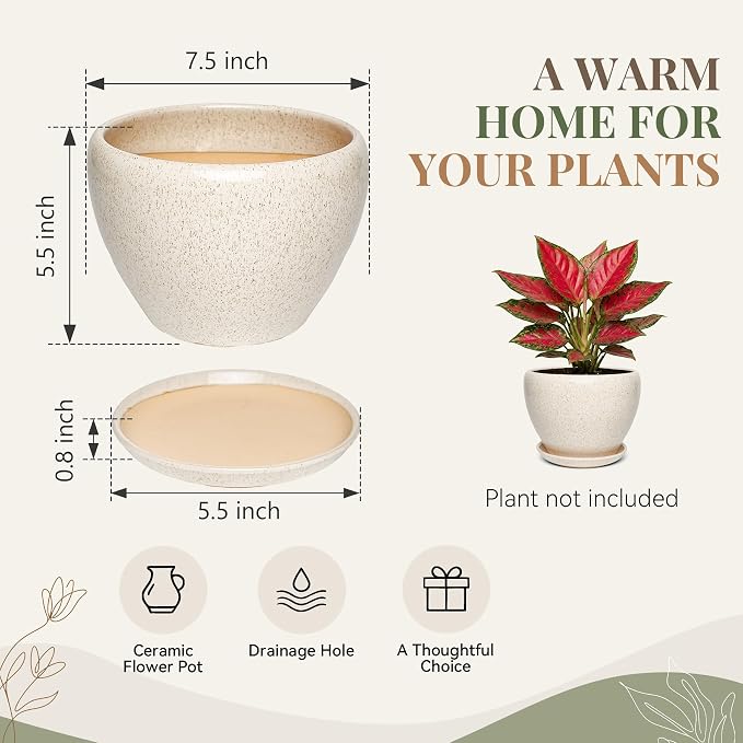 7.5 Inch Ceramic Plant Pot with Drainage Hole Mesh Net,Modern Gardening Pots for Indoor Plants with Saucer, Silk White