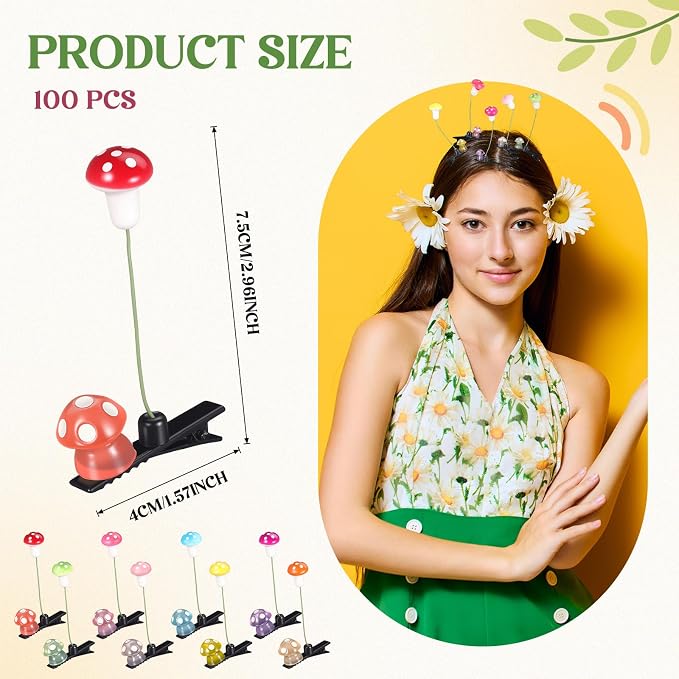 Tigeen 100 Pcs Glow Rave Trinkets Festival Duck Hair Clip with Bean Sprout Mushroom Sprout Hairpins Holiday Funny Plant Flower Hair Accessories for Women Music Festival