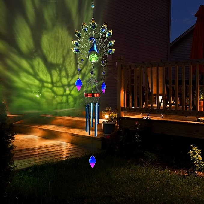 Pearlstar Solar Wind Chimes Outdoor, Gifts for Mom Women, 53.5" Large Metal Peacock Wind Chimes Light with Crackle Glass Ball, Waterproof for Garden Patio Yard Home Decor