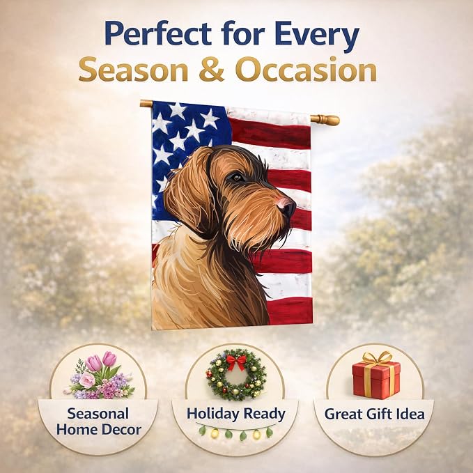 Caroline's Treasures CK6758CHF Wirehaired Vizsla American Flag House Flag Large Porch Sleeve Pole Decorative Outside Yard Banner Artwork Wall Hanging, Polyester, House Size, Multicolor