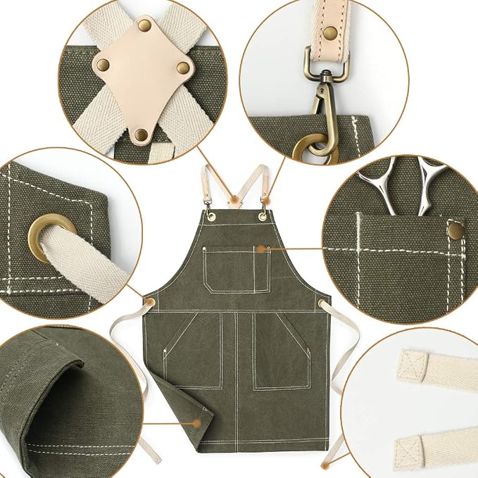 Jeanerlor - 16oz Water-Resistant Work Aprons for Women and Men Canvas Tool Apron with Pockets Adjustable S to XXXL