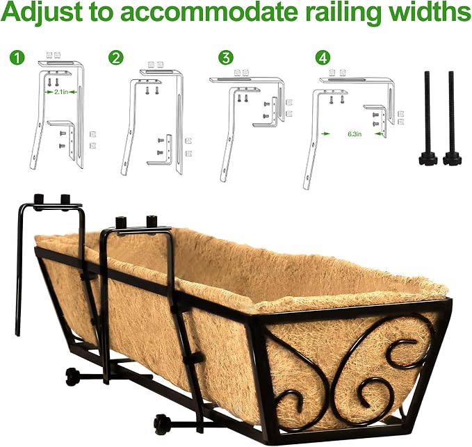 4PCS 30 Inch Railing Planter with Adjustable Brackets, Window Box with Coco Liner, Hanging Flower Box for Balcony Deck Fence, Metal, Black