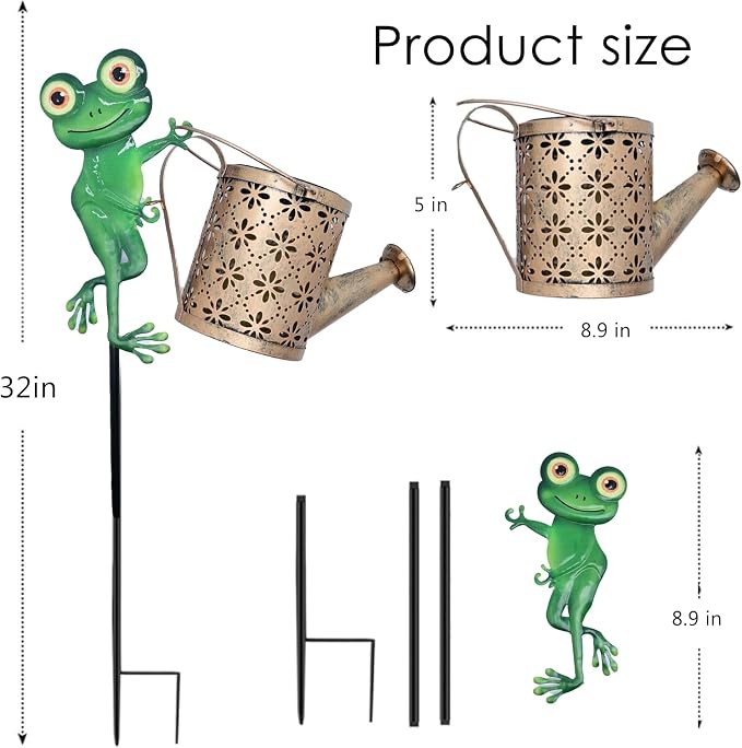 Solar Watering Can with Cascading Lights Outdoor Garden Decor, Frog Shaped Hook Gardening Gifts for Mom Women Grandma Birthday, Solar Lights for Garden Decorations Patio Yard Lawn Backyard