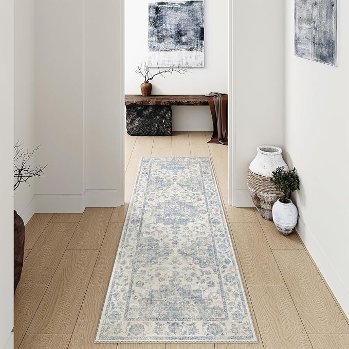 2x5 Blue Neutral Runner Rug | Washable, Non Slip, Soft Low Pile, Vintage Farmhouse, for Hallway Kitchen Laundry Bathroom Bedroom Living Room Home Decor
