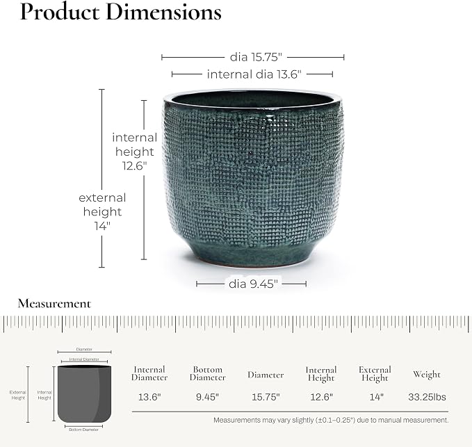LuxenHome 15.75" Dia Large Ceramic Pots for Plants, Modern Green Glazed Planters for Outdoor Plants, Round Indoor Flower Pots with Drainage Hole and Rubber Plug for Home Garden Patio