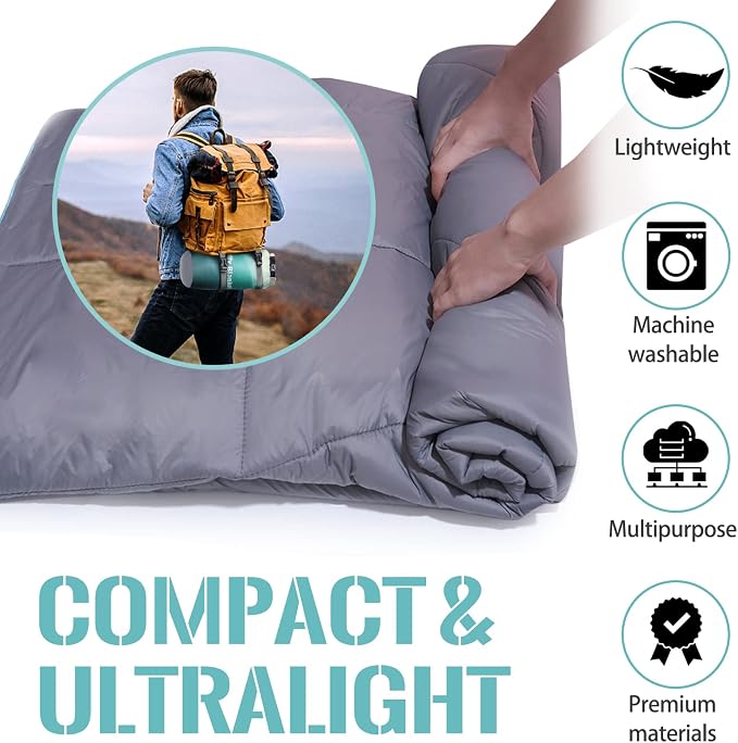 Outdoor Puffy Camping Blanket, Lightweight Down Alternative Printed Large Ultra Warm Quilt Waterproof for Traveling Picnic Beach Party Cold Weather (Green Mountain)