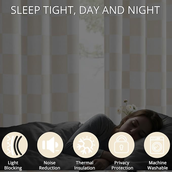 100% Blackout Checkered Curtains – 2 Panels, Each W52×L63, Thermal Insulated, Nosie Reducing for Bedroom, Modern Cream and White Checkerboard Design