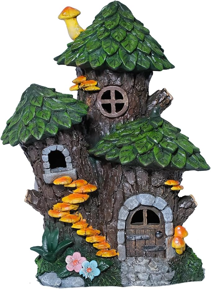 Solar Garden Tree Fairy House Outdoor Statues Yard Resin Decoration Gift Handmade Housewarming Gift for Patio Yard Lawn Waterproof Cracking