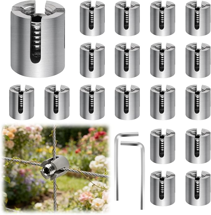 20PCS T316 Stainless Steel Cable Cross Clamps, Kalolary Heavy Duty No Drilling Clips for 5/64"-1/8" Wire Rope & Rods, Wall Wire Trellis Kit for Climbing Plants DIY Outdoor Garden Vine Flower Wall