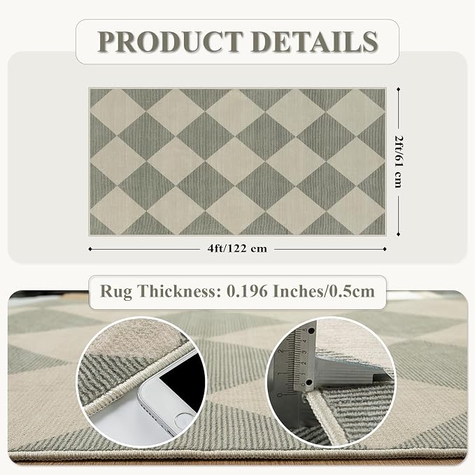 Beeiva Checkered Rug Runners for Hallways Non Slip, 2x4 Washable Runner Rug for Kitchen Ultra Thin Green Entryway Runner, Gingham Diamond Decor Farmhouse Throw Carpet for Bathroom Laundry
