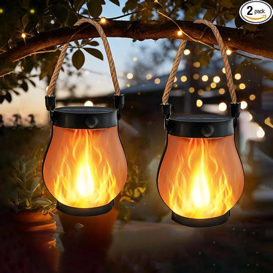 2 Pack Gen2 Solar Lanterns Outdoor Waterproof Hanging Solar Flame Lights | 2 Lighting Modes, USB & Solar Charging, Hanging Hemp Rope, IP65 Waterproof, for Patio Yard Camp Garden Tree Tabletop Decor