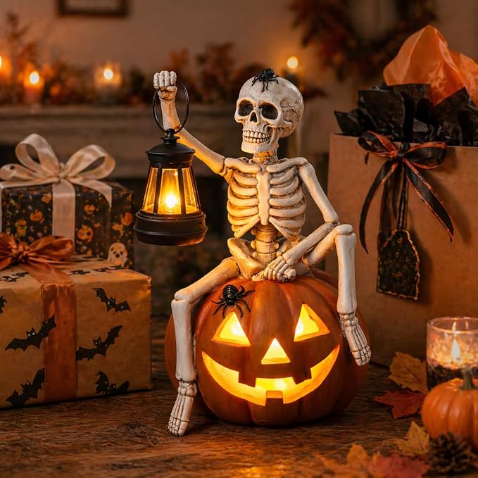 Halloween Outdoor Decorations Solar Lighted Skeleton Pumpkin Statue with Lantern 9.3 Inch Resin Jack O Lantern Yard Decor Halloween Skeleton Decoration for Porch Patio Garden Lawn