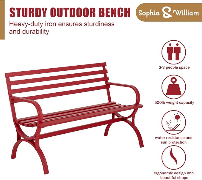 Sophia & William Outdoor Garden Bench Patio Park Bench, Metal Steel Frame Furniture with Backrest and Armrests for Porch Yard Lawn Deck, Red