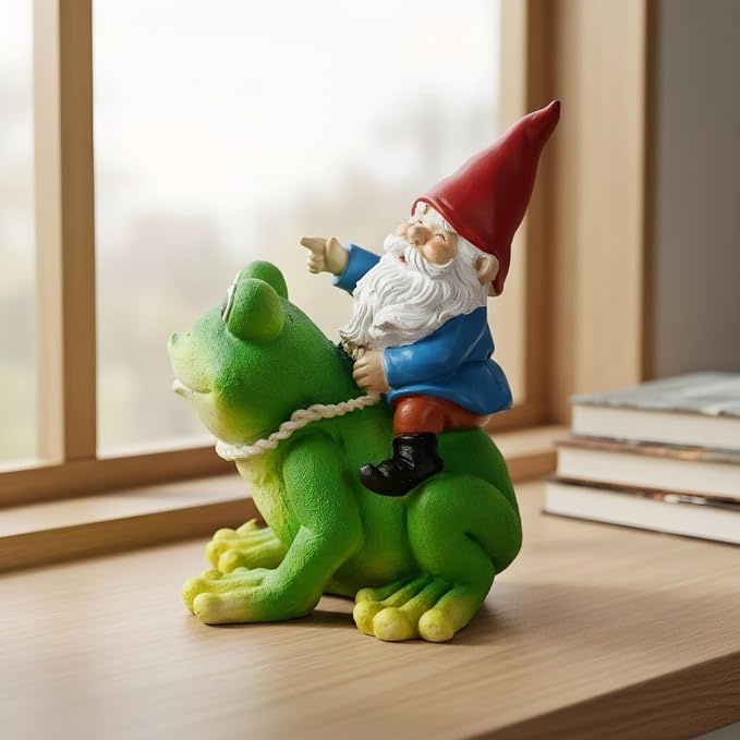 Resin Miniature Frog Decor and Garden Gnome Statue, 5.5-Inch Yard Art Outdoor Decorations for Patio Porch Desk, Cute Whimsical Frog Gifts for Women and Garden Lovers