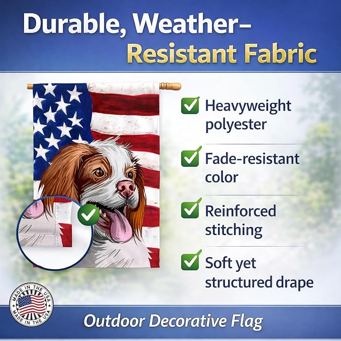 Caroline's Treasures CK6529CHF French Brittany Dog American Flag House Flag Large Porch Sleeve Pole Decorative Outside Yard Banner Artwork Wall Hanging, Polyester, House Size, Multicolor