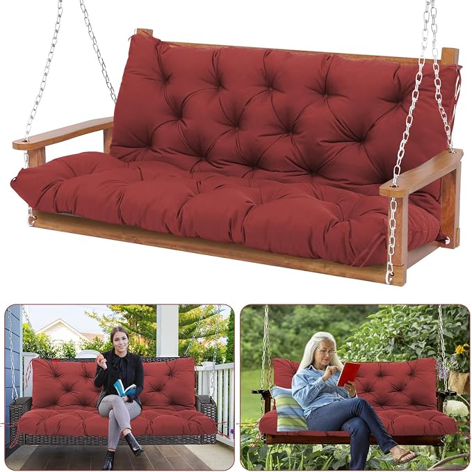 Outdoor Porch Swing Cushions Waterproof Thicken 5" Replacement Porch Swing Cushion with Backrest for Outdoor Furniture (Winche Red 48 × 40 ")