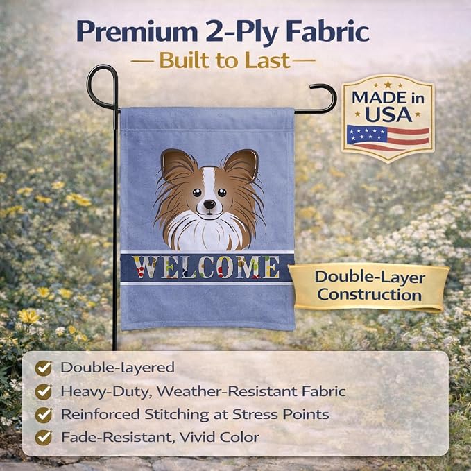 Caroline's Treasures BB1434GF Papillon Welcome Garden Flag, Blue Mailbox Flag Decorative Yard Flag Banner Outside Patio Artwork Yard Flower Beds, Garden Size, Multicolor