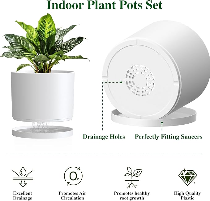 Plant Pots, 10/9/8 Inch 3 Pack Cylindrical Flower Pots with Drainage Holes and Saucers, Plastic Planters for Outdoor Indoor Plants,White