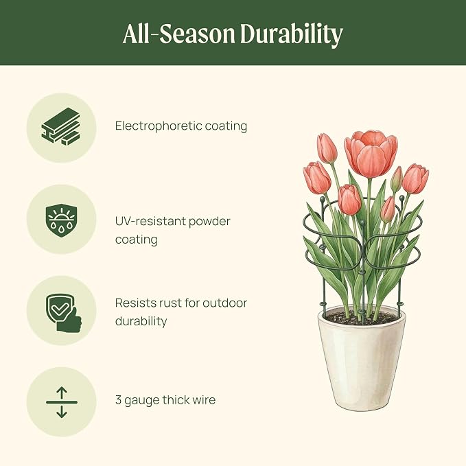 6 Pack Curved Plant Support Stakes, Dual Half Round Metal Garden Plant Stake, Peony Cages and Supports, 10"(W) x 34" (H) Flower Support Ring for Peonies, Hydrangea