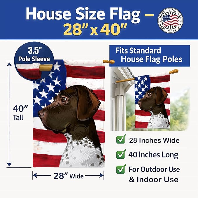 Caroline's Treasures CK6634CHF Old Danish Pointer Dog American Flag House Flag Large Porch Sleeve Pole Decorative Outside Yard Banner Artwork Wall Hanging, Polyester, House Size, Multicolor