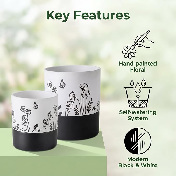 Nihow Self Watering Pots for Indoor Plants,4.5+6 Inch,White Hand Painting | Ceramic Planter, Drainage Hole & Water Storage Plus, Cylinder Round Flower Pot, For Succulent/Herbs/Violets
