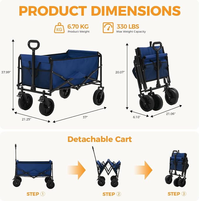 NEWBULIG Collapsible Wagon Cart, 102L Standard, Portable Heavy Duty Pull Cart with Lockable Wheels, 330 lbs Capacity, Adjustable Handle for Beach, Sports, Camping, Shopping & Garden, Blue