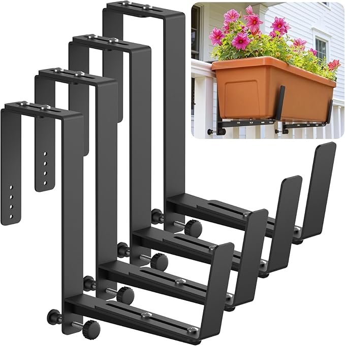 VOXOR Window Box Brackets, Adjustable Planter Box Brackets, Heavy Duty Iron Flower Box Brackets for Railings, with Enhanced Bottom Support - Perfect for Balconies, Fences, and Gardens (Black, 4 Pack)