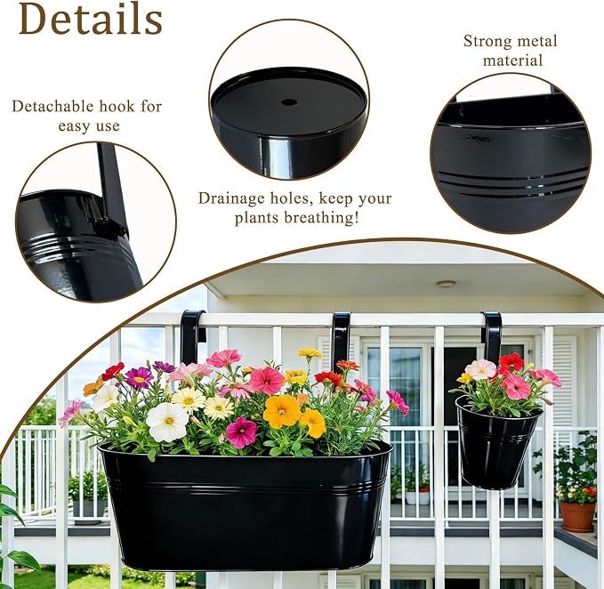 Set of 4 Outdoor Metal Railing Planters Box - 2 Pcs 5.12" Round Balcony Hanging Planter & 2 Pcs 17" Oval Fence Pot with Detachable Hooks Drainage, Black