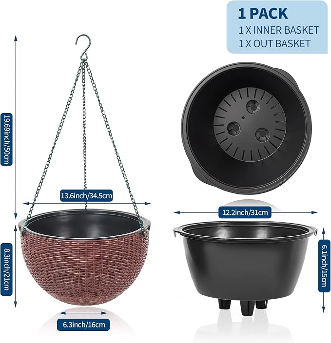 13.8 Inch Self Watering Hanging Planter, 2PCS Round Resin Hanging Basket for Indoor Outdoor Plants, Rattan Look Flower Pot with Drainage Plug, Deep Inner Pot and Sturdy Metal Triple-Chain Hanger