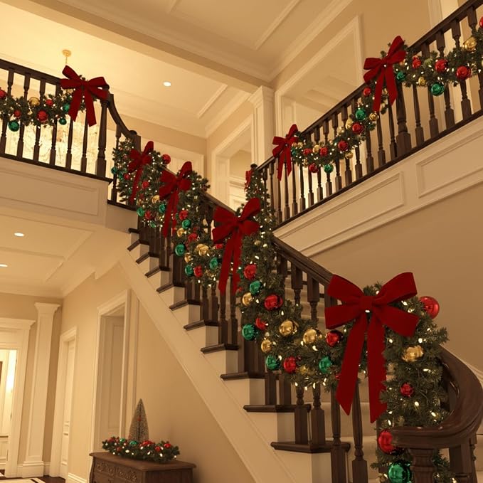 36 Pcs 20 Inches Christmas Garland Ties with Large Velvet Bows Decorative Reusable Twist Tie Bows for Banister Christmas Indoor Outdoor Holiday Wreath Decorations(Burgundy)