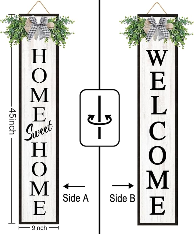Welcome Sign for Front porch Standing 45"X9" Double-Sided Wood Frame Outdoor Tall Welcome Signs Vertical Decor for Farmhouse Rustic Home Modern Outside Front Door Wall Decorations