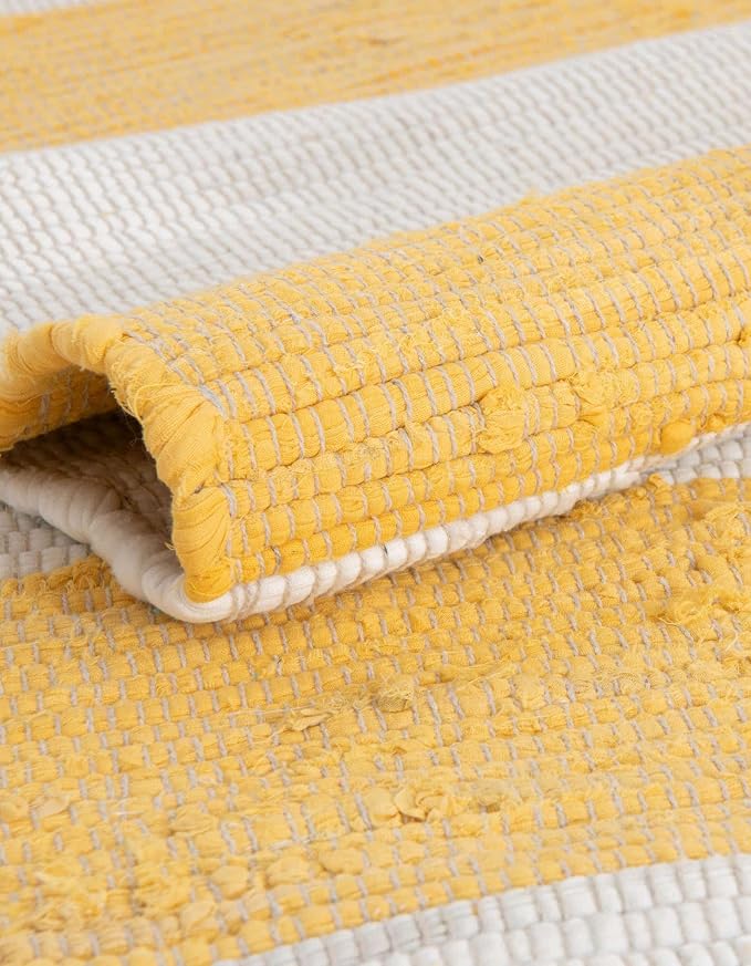 Unique Loom Chindi Rag Collection Area Rug - Striped (7' 10" Square, Yellow and Ivory)