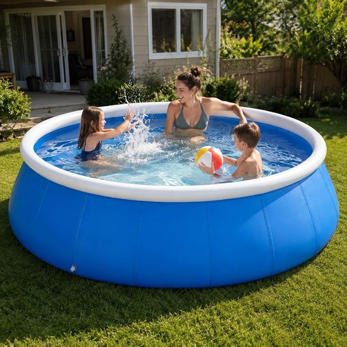 Large Inflatable Pool, 8 ft x 25 in (244 x 63 cm), Blue and White Round 3-Ply Laminated Mesh PVC Backyard Swimming Pool for 3-4 People, Foldable Kiddie Pool for Family Summer Fun