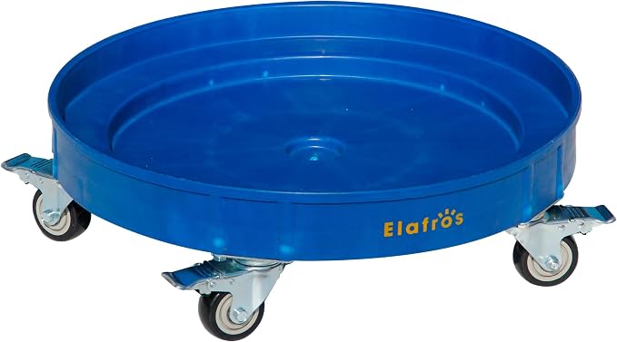 ELAFROS 30 Gallon and 55 Gallon Heavy Duty Plastic Drum Dolly – Durable Plastic Drum Cart 900 lb. Capacity- Barrel Dolly with 5 Swivel Casters Wheel, Blue, with Brake