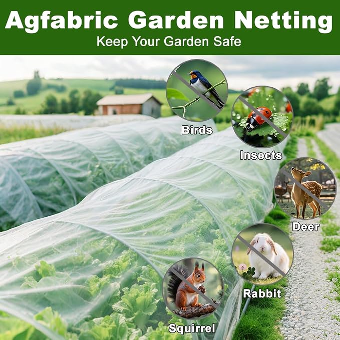 Agfabric Garden Netting 5'x100' Insect Pest Barrier Bird Netting for Garden Protection,Row Cover Mesh Netting for Vegetables Fruit Trees and Plants,White