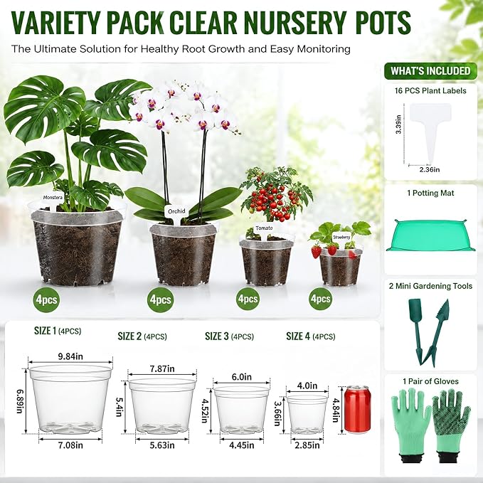 10/8/6/4 Inch Sizes Large Clear Nursery Pots with Drainage -16 Pack Plastic Plant Pots with Garden Tools & Labels, Seedling Pots for Transplanting Succulents Flowers Herb Vegetables