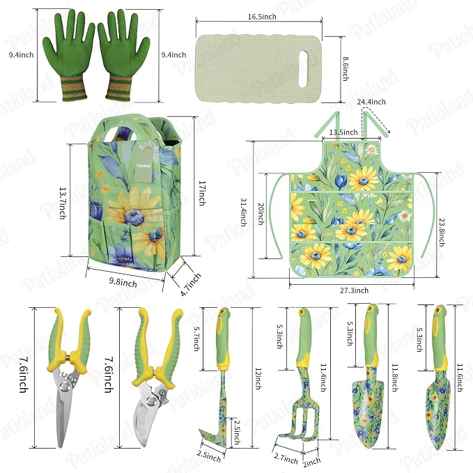 10-Piece Green Garden Tool Set, Patioland Floral Aluminum Gardening Hand Tools W/Ergonomic Handles, Kneeling Pad, Apron, Gloves, Organizer Tote Bag,Complete Garden Supplies Starter Kit Gift for Women
