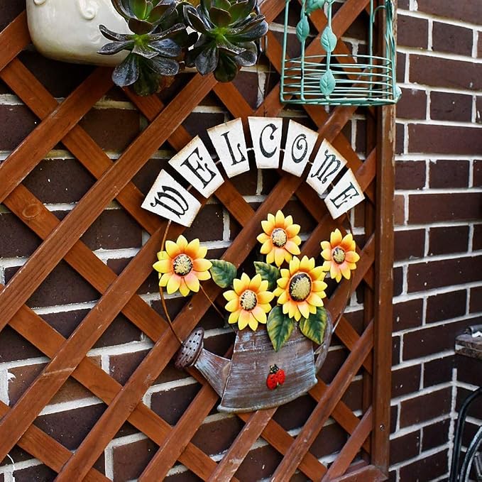 Morning View Metal Sunflower Welcome Sign Hanging Flower Wall Decor Door Sign Decorative Wall Plaque Outdoor Garden Porch Yard Home Decor 14X15.5 Inch
