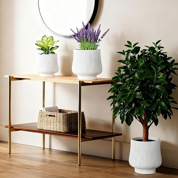 OXART Ceramic Plant Pot, 9/7/5.3 inch Large Plant Pot with Drainage, 3 Piece Planters for Indoor Plants, Modern Decor Home Office Garden Flower Pots for Indoor Outdoor Plants, White