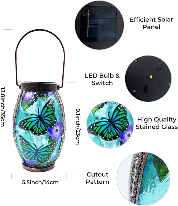 Butterfly Solar Lanterns Glass & Metal Hanging Solar Lantern Outdoor Waterproof 13.8" H Tabletop Light for Garden Patio Table Decor Mother's Day Gift
