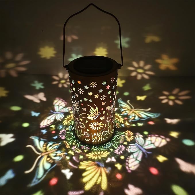 Butterfly Colorful Solar Lantern Outdoor Waterproof, Garden Decor Gifts for Women Mom Grandma, Hanging Solar Lantern Lights Metal Decoration Outside for Yard, Patio, Backyard, Porch