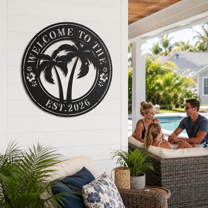 Personalized Metal Palm Tree Pool Sign, Custom Family Name Patio Sign, Outdoor Poolside Paradise Decor, Last Name Metal Welcome Sign for Backyard Pool Area